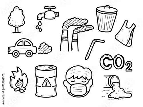 Set of pollution doodle illustration with black and white color