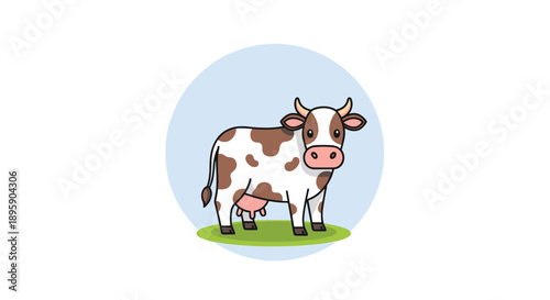 Cute cartoon illustration of a spotted dairy cow standing on a small patch of grass within a circular blue background.