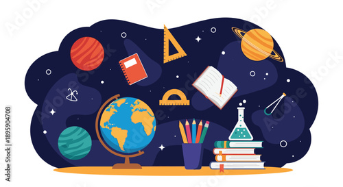 Creative education concept illustration featuring school supplies, a globe, and laboratory equipment against a starry space background.
