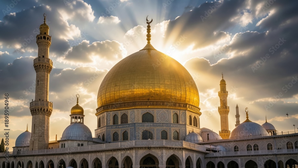 Obraz premium Golden Dome Majesty featuring Sunlit Mosque Architecture with Radiant Light Rays for Spiritual Islamic Celebration and Professional High-End Editorial Media Graphic Design Projects