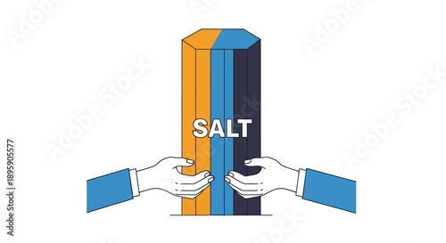 Hands reaching for a stylized vertical column labeled 'SALT.' Conceptual minimalist illustration representing essential commodities, sodium, trade, or valuable resource management.