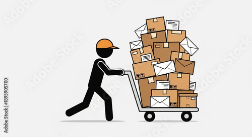 Delivery person pushing a cart full of packages and envelopes.