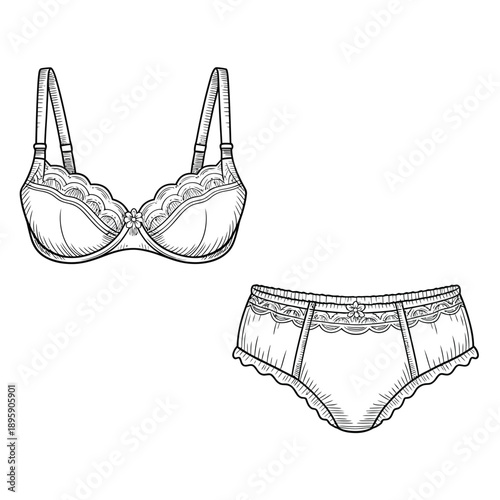 Detailed illustration of a lace bra and matching panty lingerie set