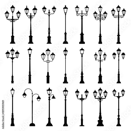 Collection of vintage street lamps and ornate lighting fixtures in black
