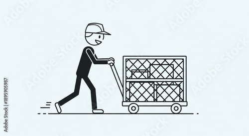 Delivery person pushing a cart with boxes.