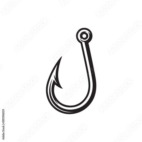 Fishing Hook Icon, Black Silhouette Hook Vector Illustration Isolated on White