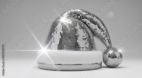Disco Ball Santa Hat with Mirror Tiles, Festive Party Christmas Concept, Reflective Holiday Art