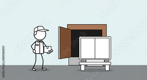 Delivery person holding package near open warehouse door and truck.