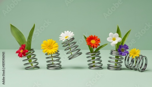 Metal Coil Springs with Spring Flowers, Playful Energetic Seasonal Concept, Bouncing Growth