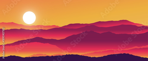 Sunset Mountain Landscape Vector Illustration with Warm Gradient Sky and Layered Hills Panorama Background