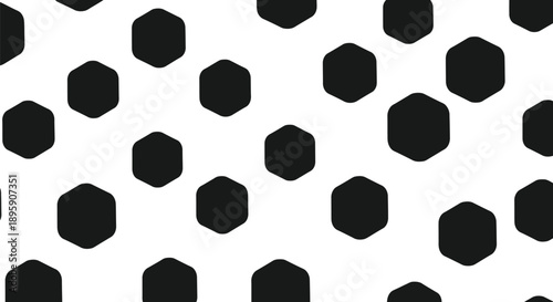Seamless black rounded hexagon pattern tiling creating a striking geometric modern abstract texture for textile design.