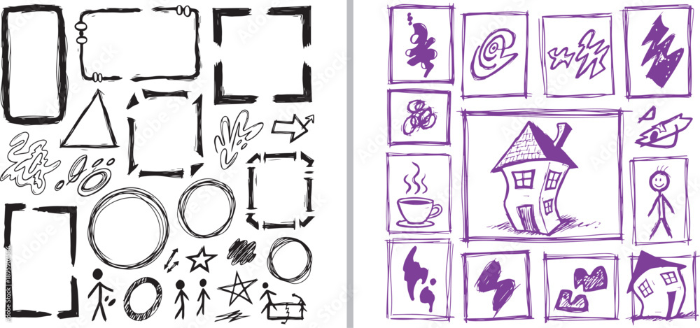 Fototapeta premium Hand-drawn vector collection featuring black ink frames, circles, and stick figures alongside purple sketches of houses, coffee, and abstract doodles. Perfect for creative storytelling and journaling.