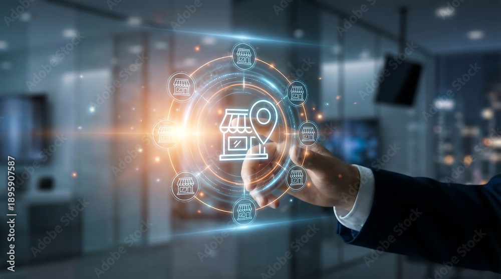 Obraz premium Businessman engaging with digital storefront icons in a modern office setting, representing e-commerce and online business strategies. Perfect for business growth and digital marketing concepts.