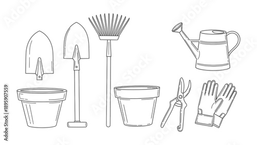 Garden Essentials Illustrated: A simple illustration of essential gardening tools arranged in a clean, uncluttered display.