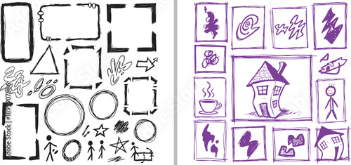Hand-drawn vector collection featuring black ink frames, circles, and stick figures alongside purple sketches of houses, coffee, and abstract doodles. Perfect for creative storytelling and journaling.