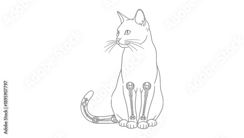 Robotic Cat Illustration: A detailed line drawing showcases a sleek cat with mechanical limbs, highlighting the fusion of animal and machine, a blend of nature and innovation.
