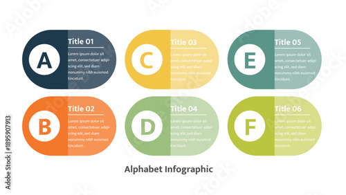 Business infographic six steps, circular elements, staggered presentation layout