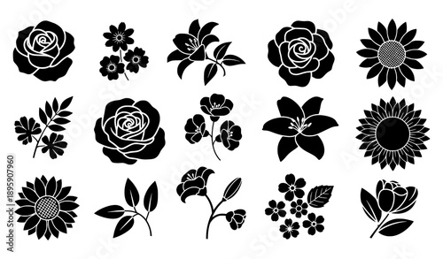 Decorative botanical flower icon vector pack solid black silhouettes isolated on transparent background