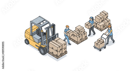 Isometric illustration of warehouse activity with workers moving boxes manually and using cart while yellow forklift carries heavy pallet.