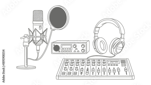 Recording Studio Essentials: Capturing the essence of audio production, a meticulously illustrated setup showcases key studio components: a vocal microphone, pop filter, audio interface.