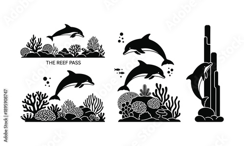 Dolphin jumping near coral reef vector silhouette illustration design set collection,  dolphin silhouette, dolphin jumping silhouette, dolphin leaping vector, dolphin near coral reef silhouette