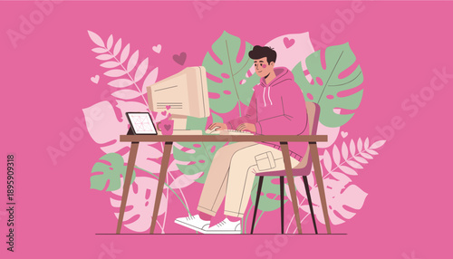 Freelance worker uses computer at a desk in a colorful plantfilled cozy pink creative home office