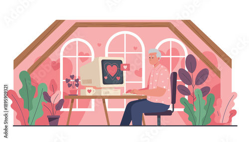 Senior man using a vintage PC for online dating in a cozy pink attic room Digital love concept