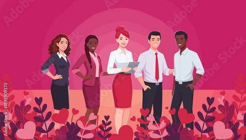 Diverse corporate team portrait with pink and heart decorations symbolizing unity and collaboration