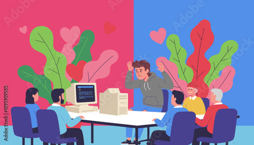 Stressed team looks at an error screen on a vintage computer symbolizing a technical problem or failure