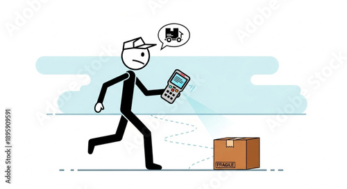 Delivery person running with package and scanner.