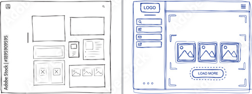 Hand-drawn blue ink website wireframes and UI elements, featuring a homepage layout with logo placement, navigation menus, image placeholders, and a "LOAD MORE" button.