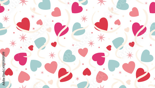 Seamless romantic vector pattern with colorful hearts swirls and stars Valentines Day graphic background