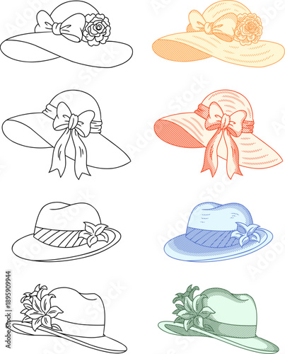 Conceptual set of men's and women's Easter hats in etching and line art styles. Features floral decorations, perfect for spring festivals, vintage fashion, and holiday cards.