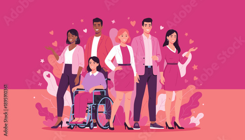 Diverse professional group illustration promoting inclusion and equality on a vibrant pink background