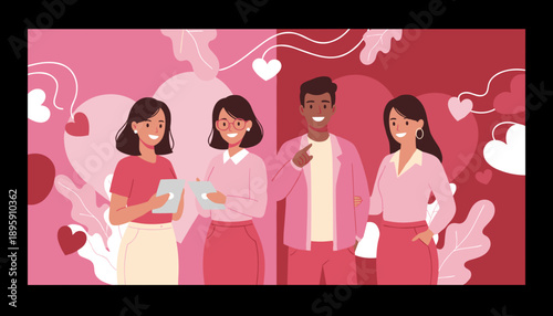 Smiling diverse team collaborating on tablets against a pink heartthemed background