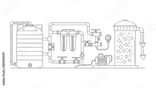 Water Treatment Schematic: A detailed schematic illustration of a water treatment system, showcasing the intricate network of pipes, tanks, filters, and machinery involved in the purification process.