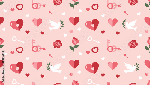 Cute Valentines Day seamless pattern with hearts roses doves and keys on a pink background