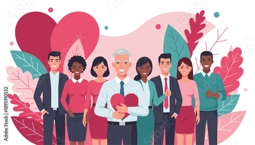 Diverse team promotes community care and goodwill holding a heart against a floral background