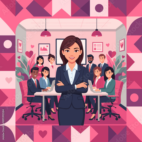 Professional woman leading diverse team in a colorful business meeting framed by hearts