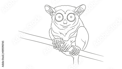 Tarsier Portrait: A detailed illustration of a tarsier clinging to a branch, capturing the unique features and charm of this primate with big eyes.