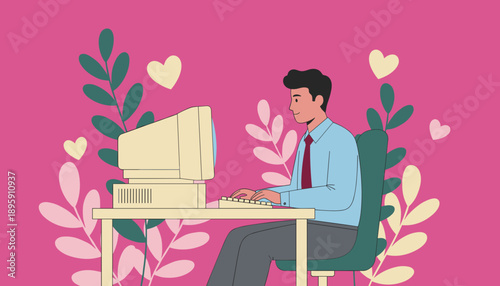 Happy man using a retro computer in a bright decorative office setting Nostalgic workspace illustration