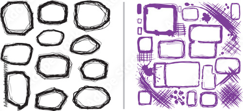 A collection of hand-drawn frames and textures. Features sketchy black circular borders on the left and a variety of purple rectangular speech bubbles, cross-hatches, and splatters on the right.