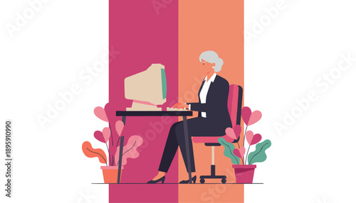 Senior businesswoman using a vintage computer at her desk demonstrating experience and dedication