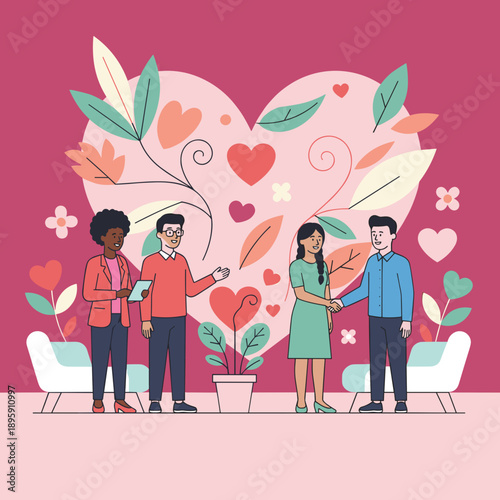 Diverse people shaking hands in a floral heart setting symbolizing partnership trust and connection