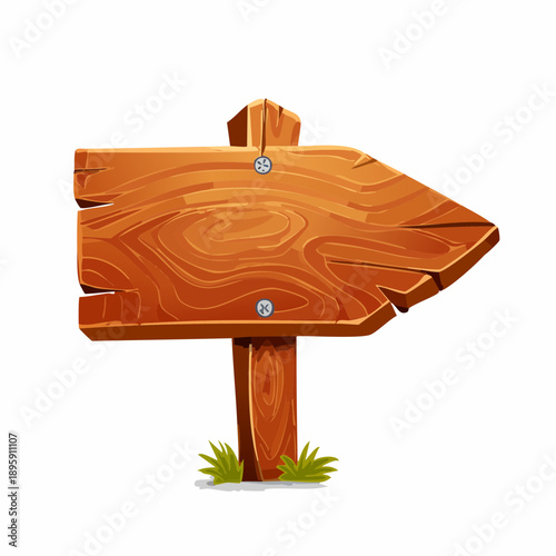 Wooden arrow plaque with cracks for text box. Cartoon 3d render illustration of signboard with brown wood texture.