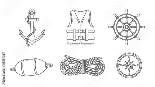 Nautical Elements: A set of six nautical elements, each meticulously rendered in stark black and white, evokes the spirit of the sea, perfect for design and marine projects.