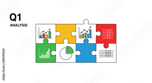 Q1 Analysis Puzzle Concept with Charts and Graphs. Quarterly Business Data Integration, Financial Report Visualization, and Strategy Solution.