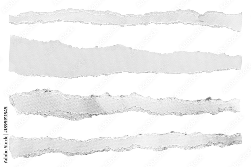 Fototapeta premium Set of horizontal torn white paper strips with rough edges, isolated on transparent background, PNG for design use