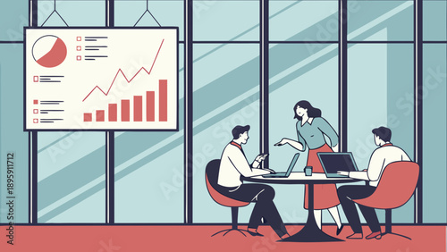 A vector graphic illustration of three business professionals working together at a table with a large graph on the wall