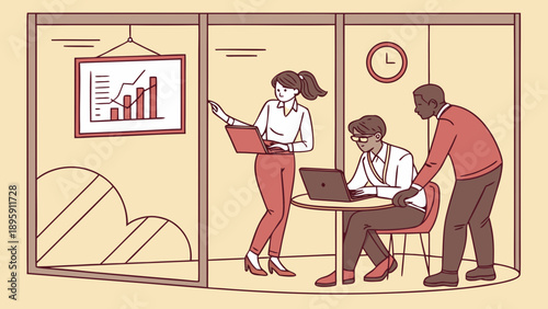 A minimalist vector illustration of three colleagues collaborating in a modern office cubicle with a laptop and graph chart